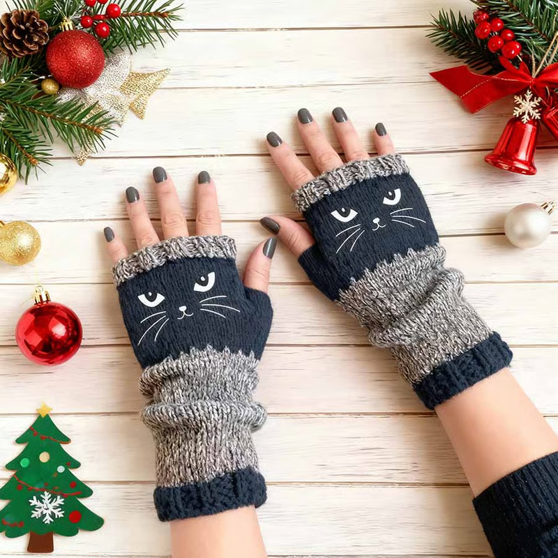 🎁COMPRA 1 Y LLÉVATE 1 GRATIS🐱Guantes Tejidos Sin Dedos con Motivo de Gato