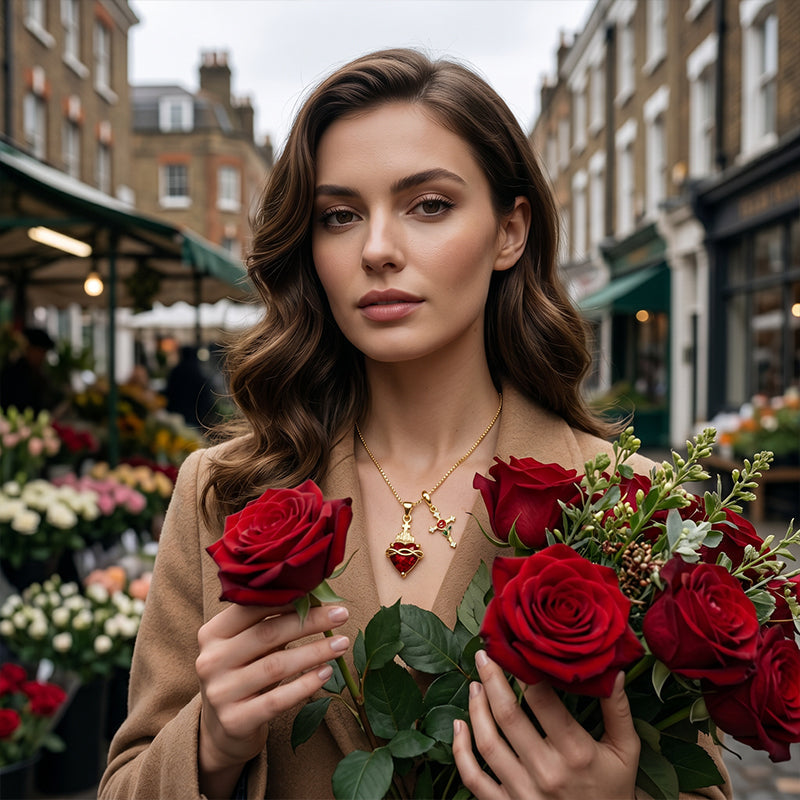 💟Collar colgante del Sagrado Corazón y la Cruz de la Rosa