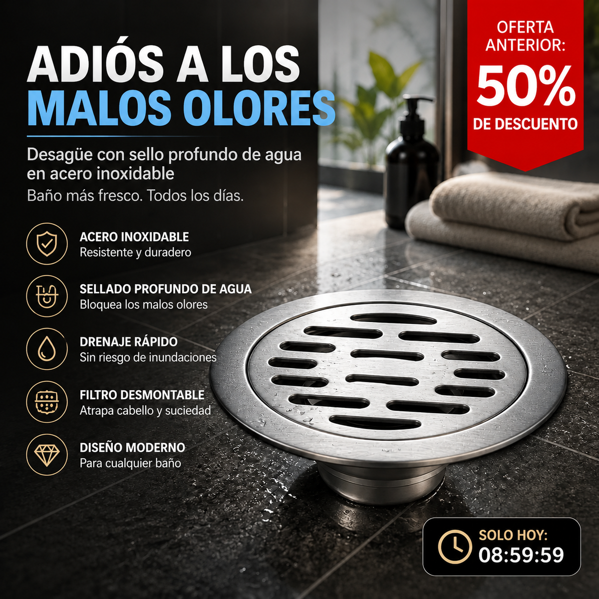 Coladera de Piso Redonda en Acero Inoxidable con Sistema Antiolor