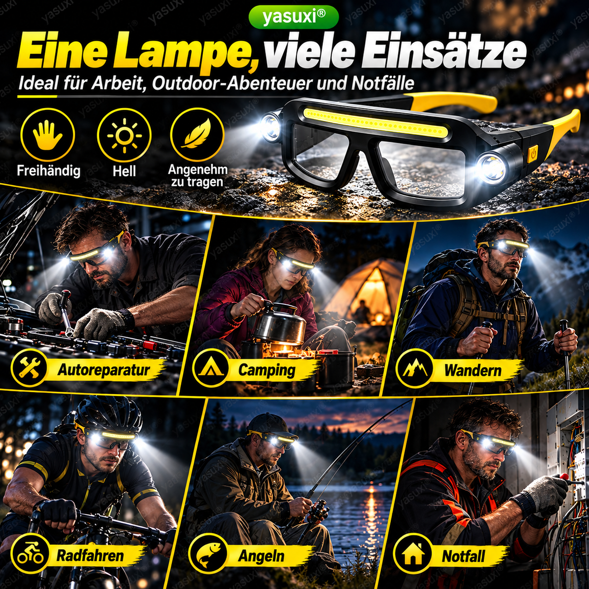 🔦 50% dto. Gafas con linterna LED manos libres – luz COB + 2 focos XTE, 5 modos, 90 g y recargables por USB-C. ¡Ilumina donde necesites sin ocupar las manos! ✨💡
