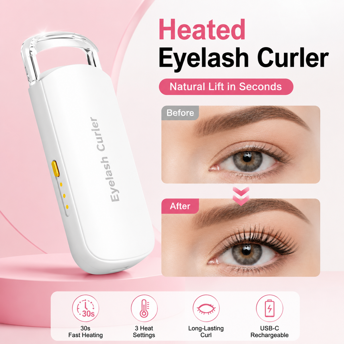 🔥 50 % de descuento 👩🏻‍🏭 Rizado perfecto y duradero ✨ Rizador térmico de pestañas eléctrico y recargable por USB