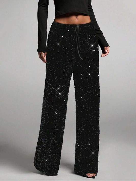 🥰🔥 ¡OFERTA FINAL! 50% de DESCUENTO 💖 Pantalones de pierna ancha con lentejuelas y cinturilla elástica para mujer ✨