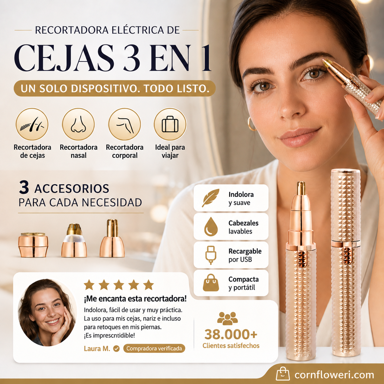 💁‍♀️ Cejas Perfectas, Sin Dolor – Depiladora Eléctrica Portátil para Cejas, Cabezales Intercambiables para Cara y Bikini. 50% Descuento.