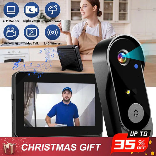 Timbre Inalámbrico con Cámara de Seguridad: 1080P, ángulo de 170°, pantalla de 4.3 pulgadas, resistente al agua para exteriores IPX65, visión nocturna
