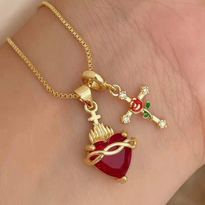 💟Collar colgante del Sagrado Corazón y la Cruz de la Rosa