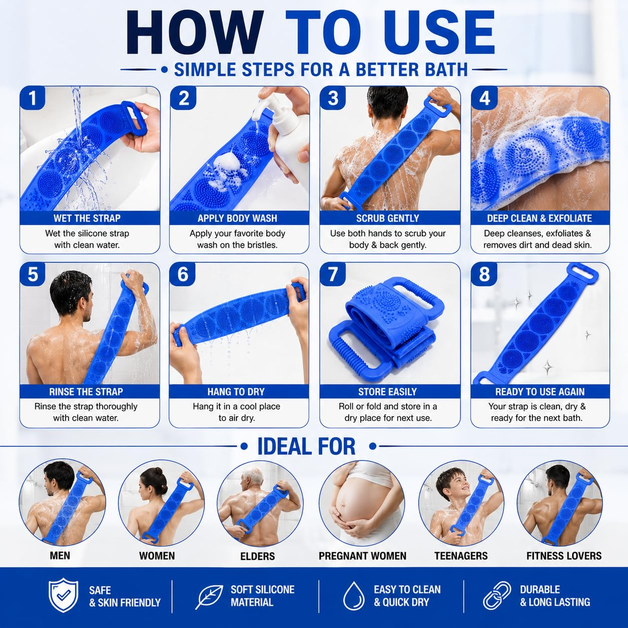 ⏳🔥¡50 % DE DESCUENTO POR TIEMPO LIMITADO! ⏰ 🧴 Cepillo de Silicona para Espalda de Doble Cara – Exfoliante Corporal para Baño con Cerdas Suaves de Silicona