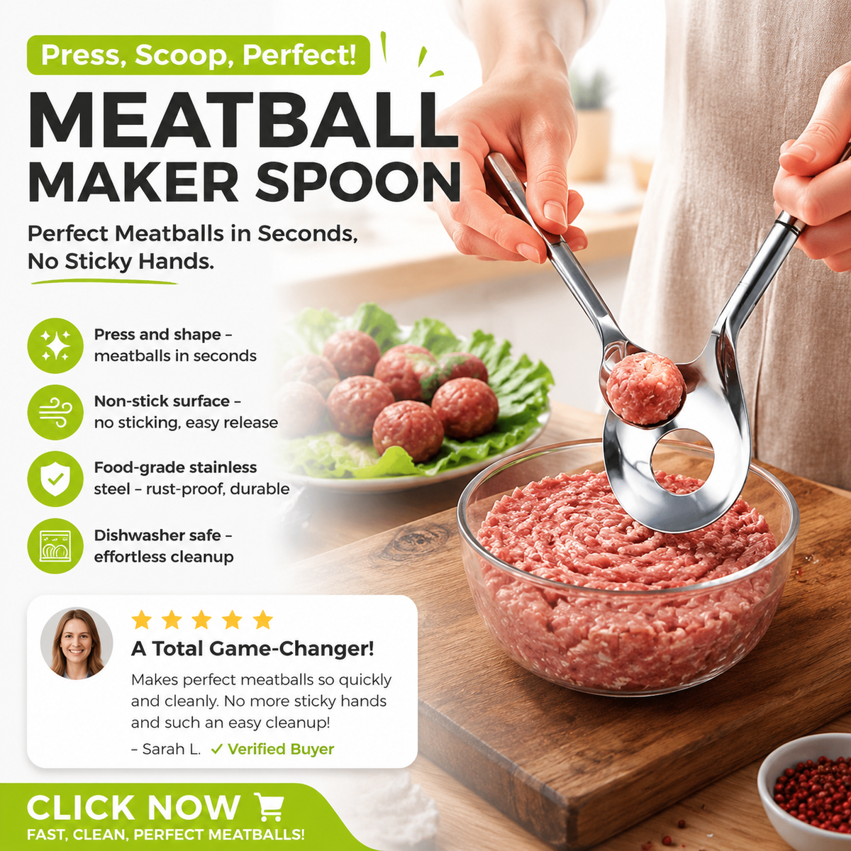 🥳 ¡Cuchara para albóndigas! Antiadherente, recoge y escurre: el regalo perfecto. Cocina sin ensuciar: ¡consigue la tuya! ✅