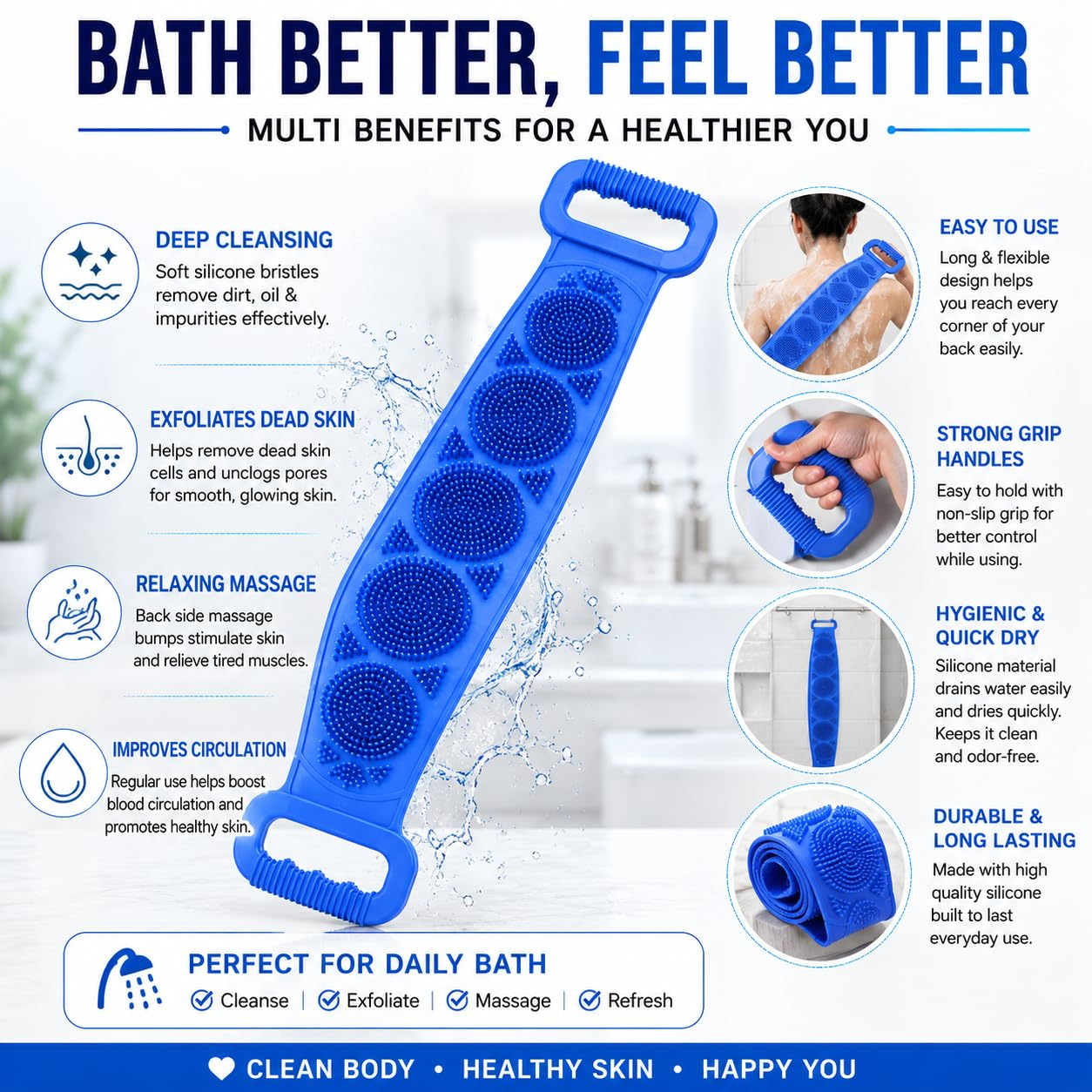 ⏳🔥¡50 % DE DESCUENTO POR TIEMPO LIMITADO! ⏰ 🧴 Cepillo de Silicona para Espalda de Doble Cara – Exfoliante Corporal para Baño con Cerdas Suaves de Silicona