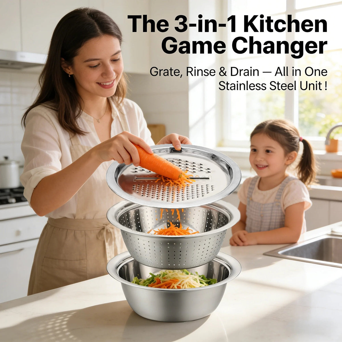 🎉 Oferta 2026 · Conjunto de cocina 3 en 1 de acero inoxidable · Rallador · Escurridor y bol