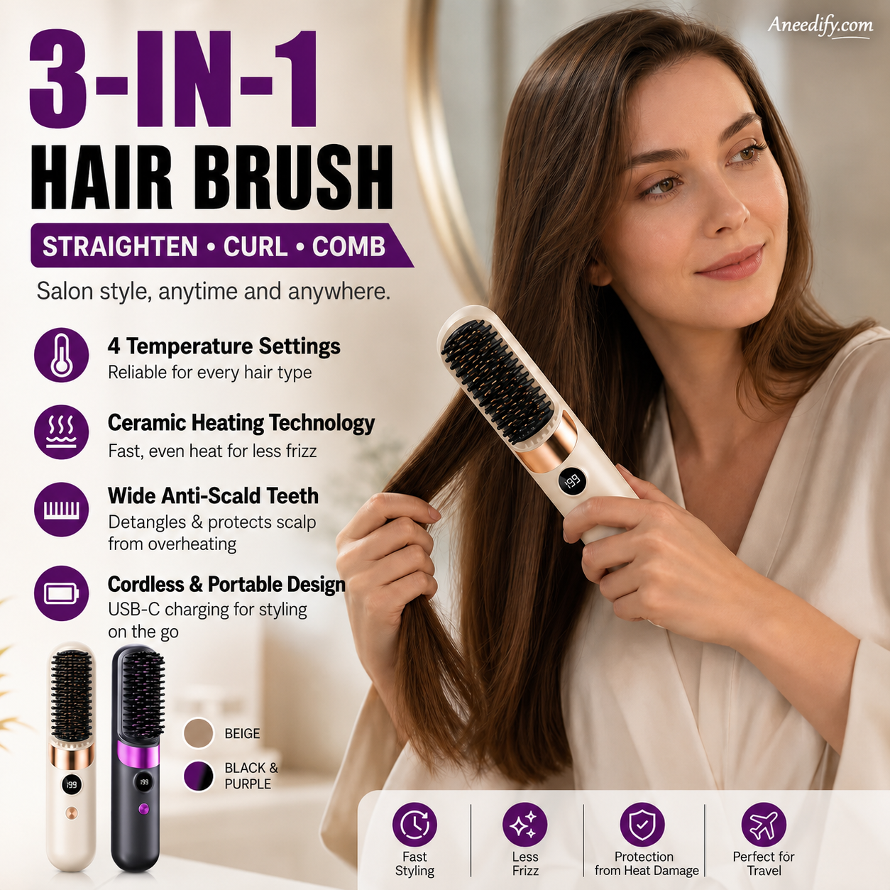 💇‍♀️🔥 Cepillo Alisador Inalámbrico 3 en 1: alisa, riza y desenreda – USB-C, 4 niveles – ¡cabello perfecto en cualquier lugar! ✨
