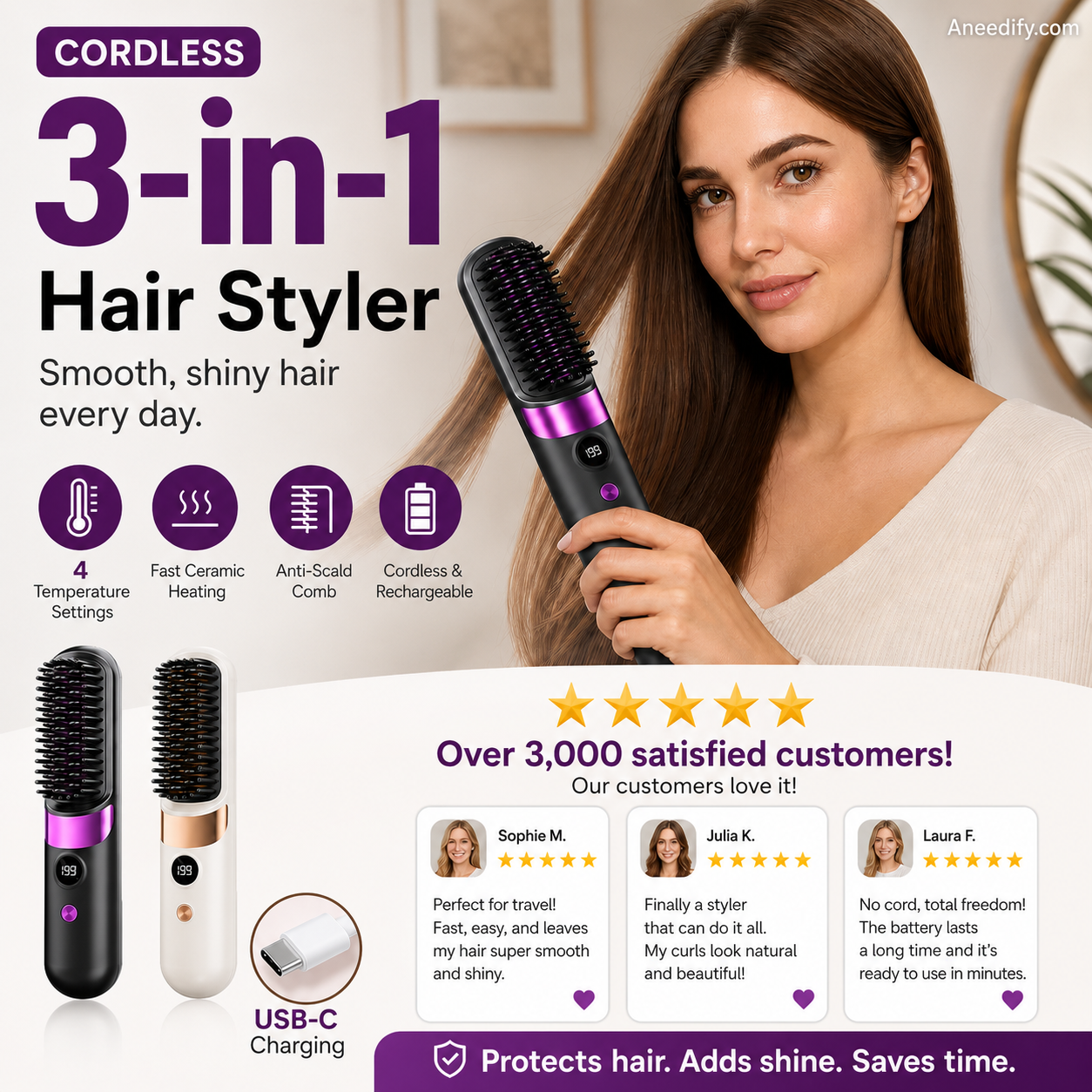 💇‍♀️🔥 Cepillo Alisador Inalámbrico 3 en 1: alisa, riza y desenreda – USB-C, 4 niveles – ¡cabello perfecto en cualquier lugar! ✨