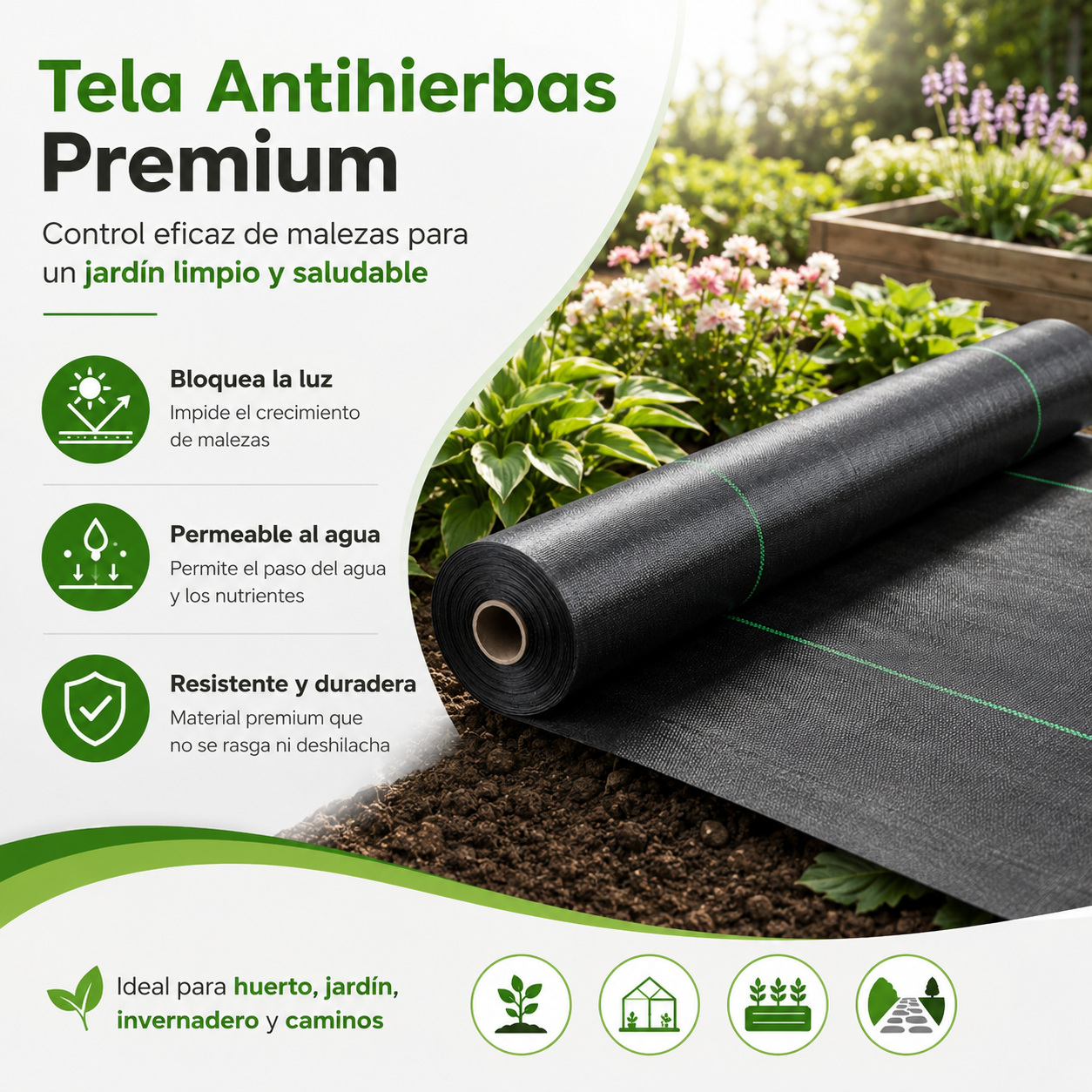 🌿⛏️ Malla antihierbas para jardín – Bloquea la luz solar, transpirable y resistente – Ideal para parterres y senderos – Reduce el esfuerzo de deshierbe 🌱✨