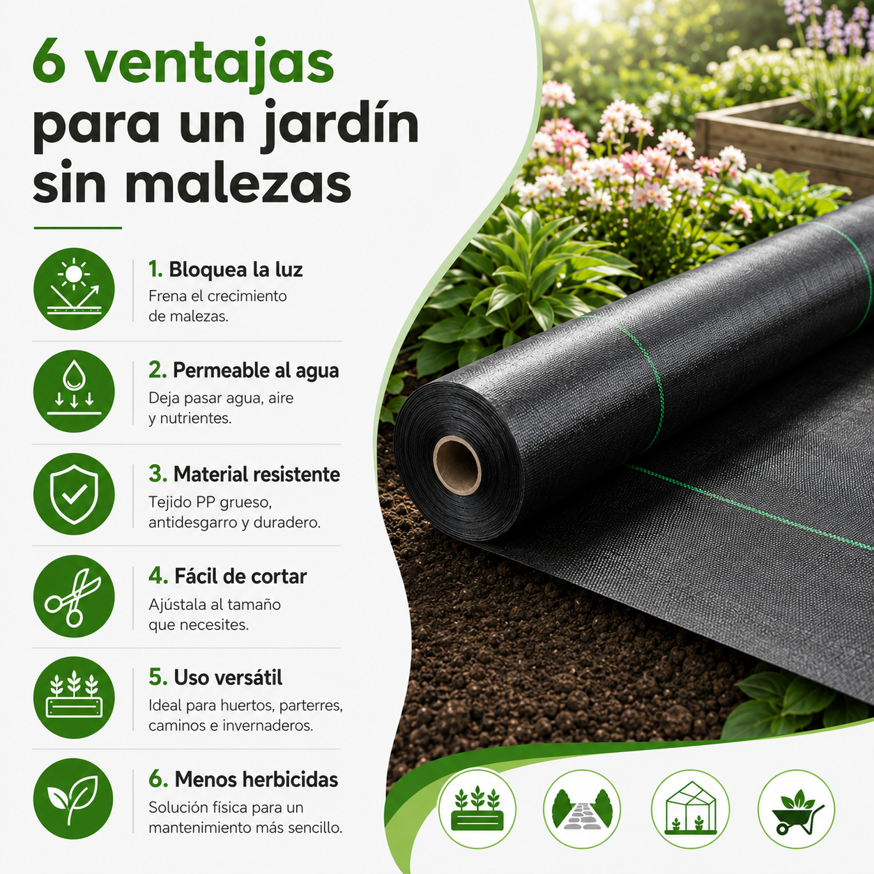 🌿⛏️ Malla antihierbas para jardín – Bloquea la luz solar, transpirable y resistente – Ideal para parterres y senderos – Reduce el esfuerzo de deshierbe 🌱✨
