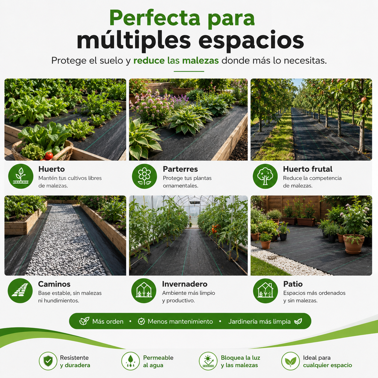🌿⛏️ Malla antihierbas para jardín – Bloquea la luz solar, transpirable y resistente – Ideal para parterres y senderos – Reduce el esfuerzo de deshierbe 🌱✨