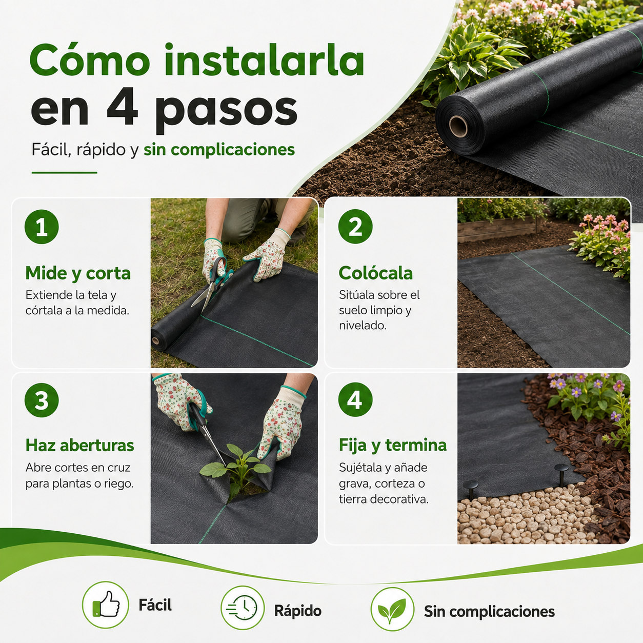 🌿⛏️ Malla antihierbas para jardín – Bloquea la luz solar, transpirable y resistente – Ideal para parterres y senderos – Reduce el esfuerzo de deshierbe 🌱✨