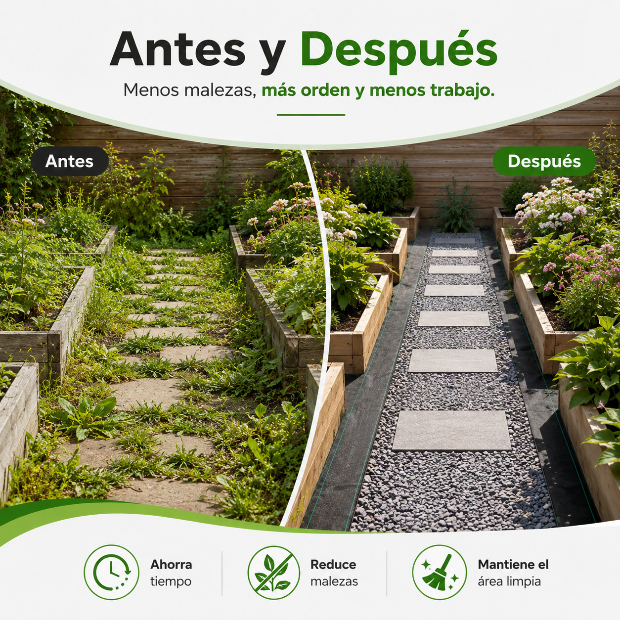 🌿⛏️ Malla antihierbas para jardín – Bloquea la luz solar, transpirable y resistente – Ideal para parterres y senderos – Reduce el esfuerzo de deshierbe 🌱✨