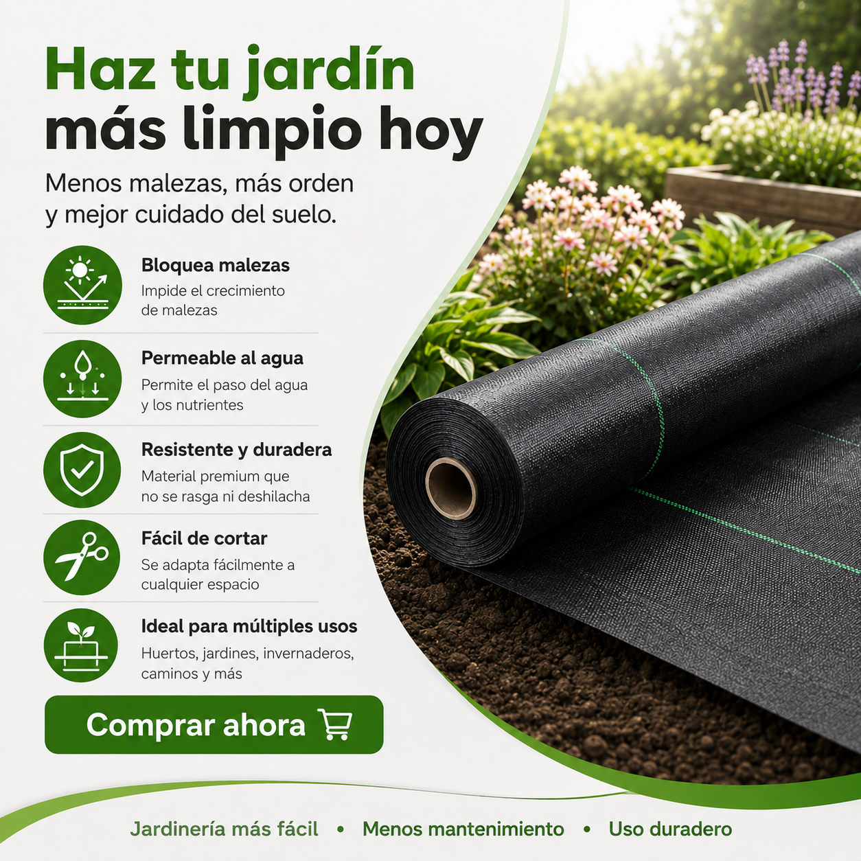 🌿⛏️ Malla antihierbas para jardín – Bloquea la luz solar, transpirable y resistente – Ideal para parterres y senderos – Reduce el esfuerzo de deshierbe 🌱✨