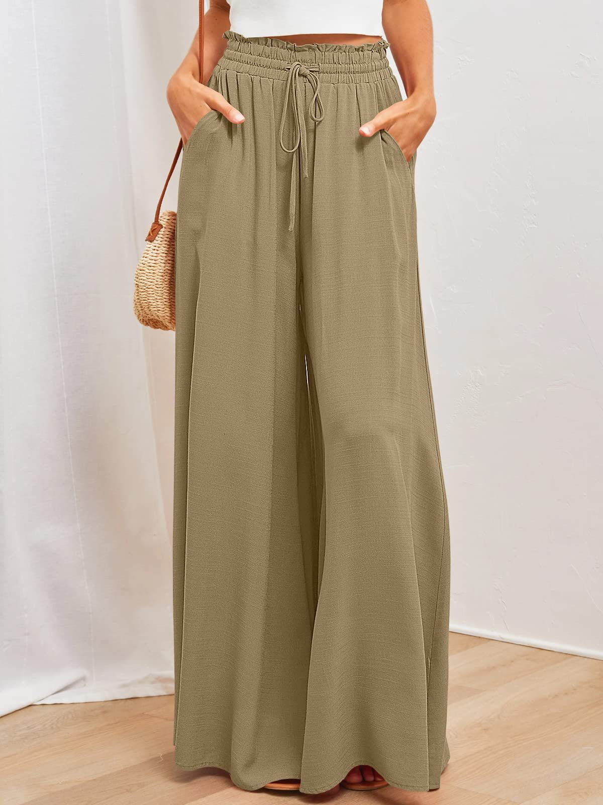🌞Pantalones de pierna ancha y cintura alta de color liso