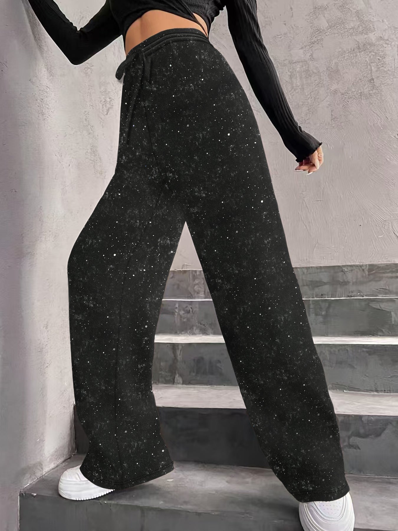 🥰🔥 ¡OFERTA FINAL! 50% de DESCUENTO 💖 Pantalones de pierna ancha con lentejuelas y cinturilla elástica para mujer ✨