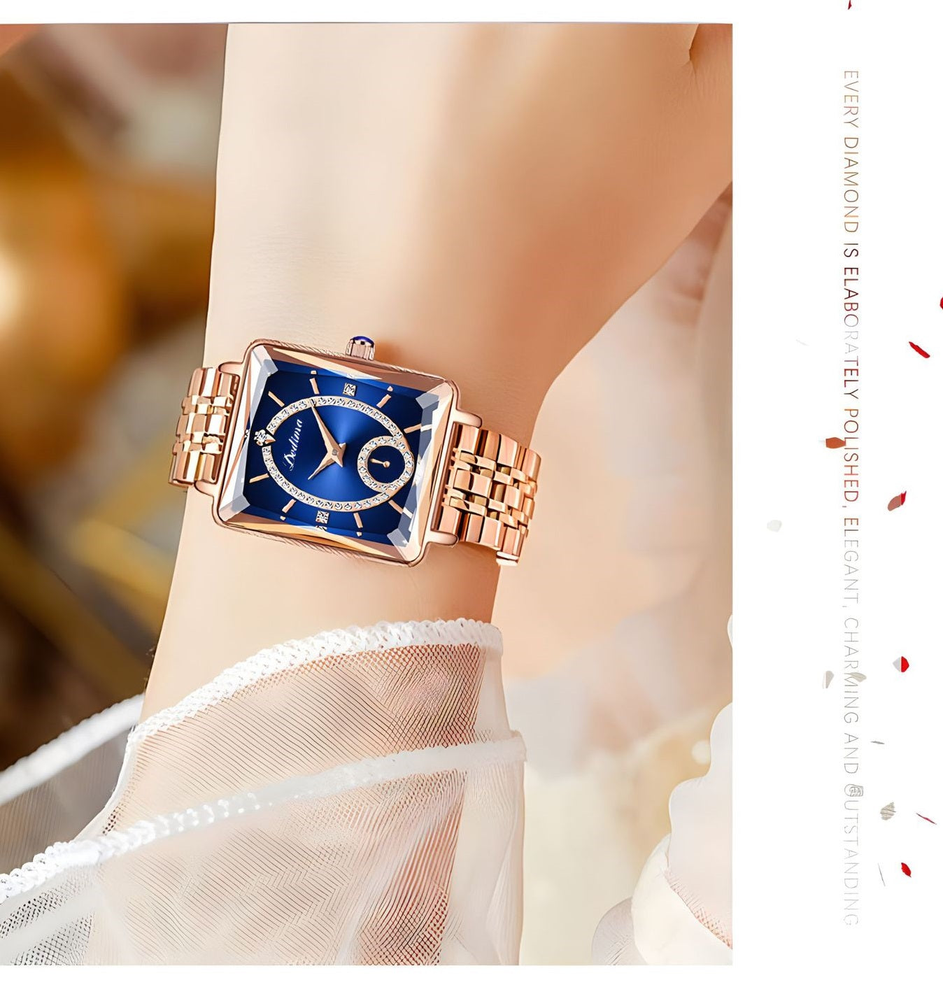 Reloj de Mujer Cuadrado a la Moda con Diamantes Sintéticos en Oro Rosa