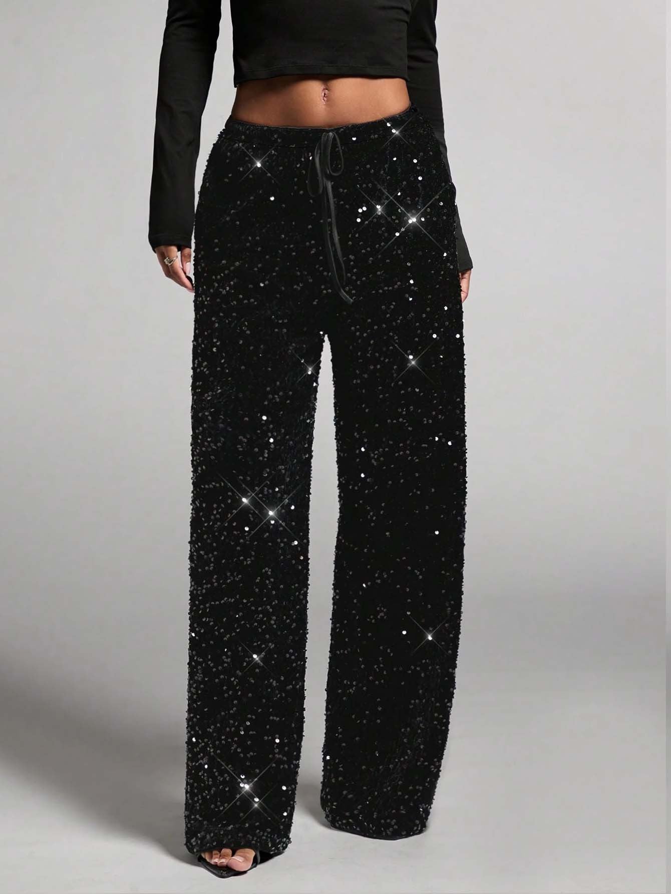🥰🔥 ¡OFERTA FINAL! 50% de DESCUENTO 💖 Pantalones de pierna ancha con lentejuelas y cinturilla elástica para mujer ✨