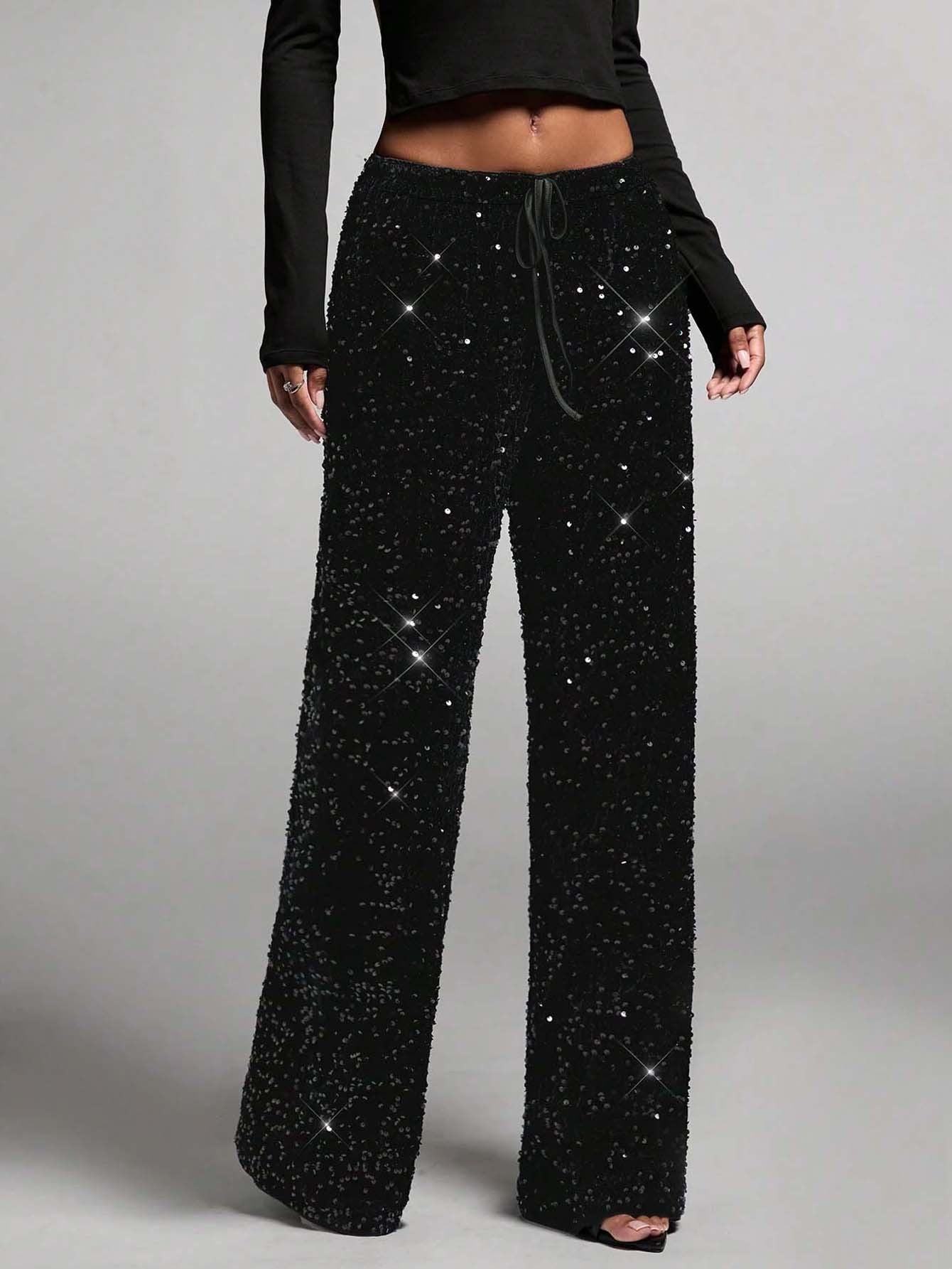 🥰🔥 ¡OFERTA FINAL! 50% de DESCUENTO 💖 Pantalones de pierna ancha con lentejuelas y cinturilla elástica para mujer ✨