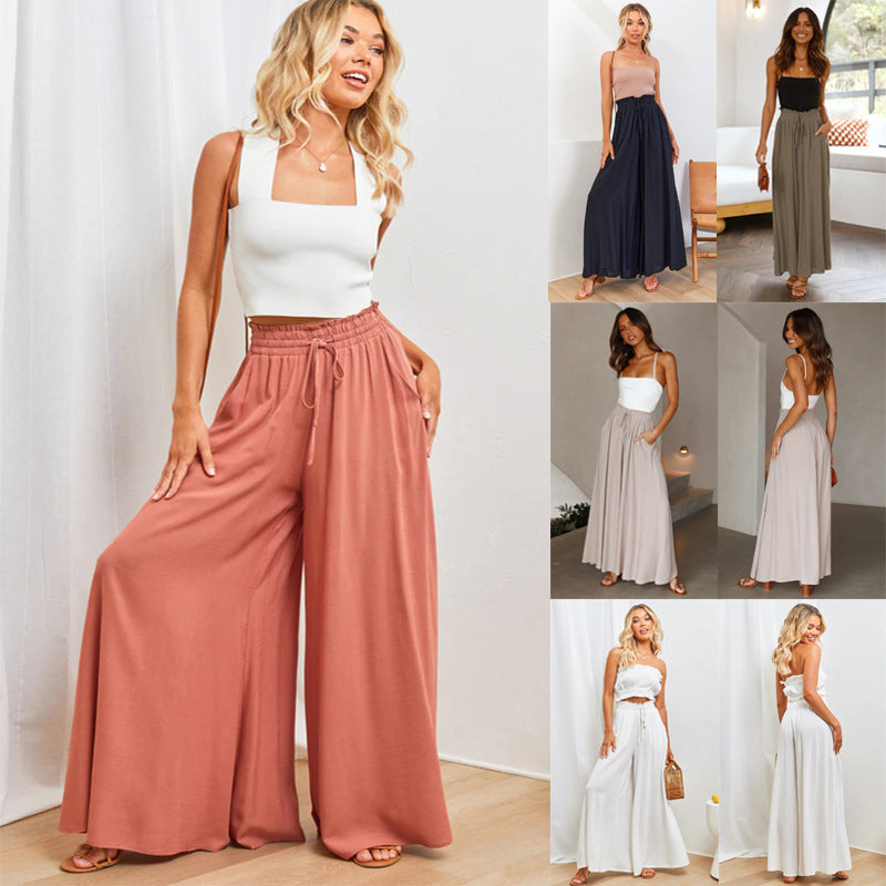 🌞Pantalones de pierna ancha y cintura alta de color liso