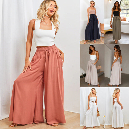 🌞Pantalones de pierna ancha y cintura alta de color liso