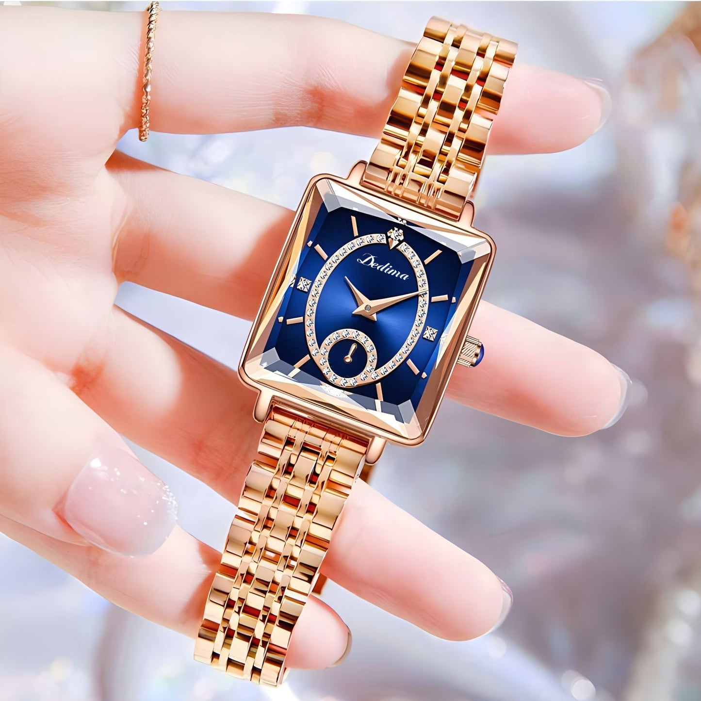 Reloj de Mujer Cuadrado a la Moda con Diamantes Sintéticos en Oro Rosa