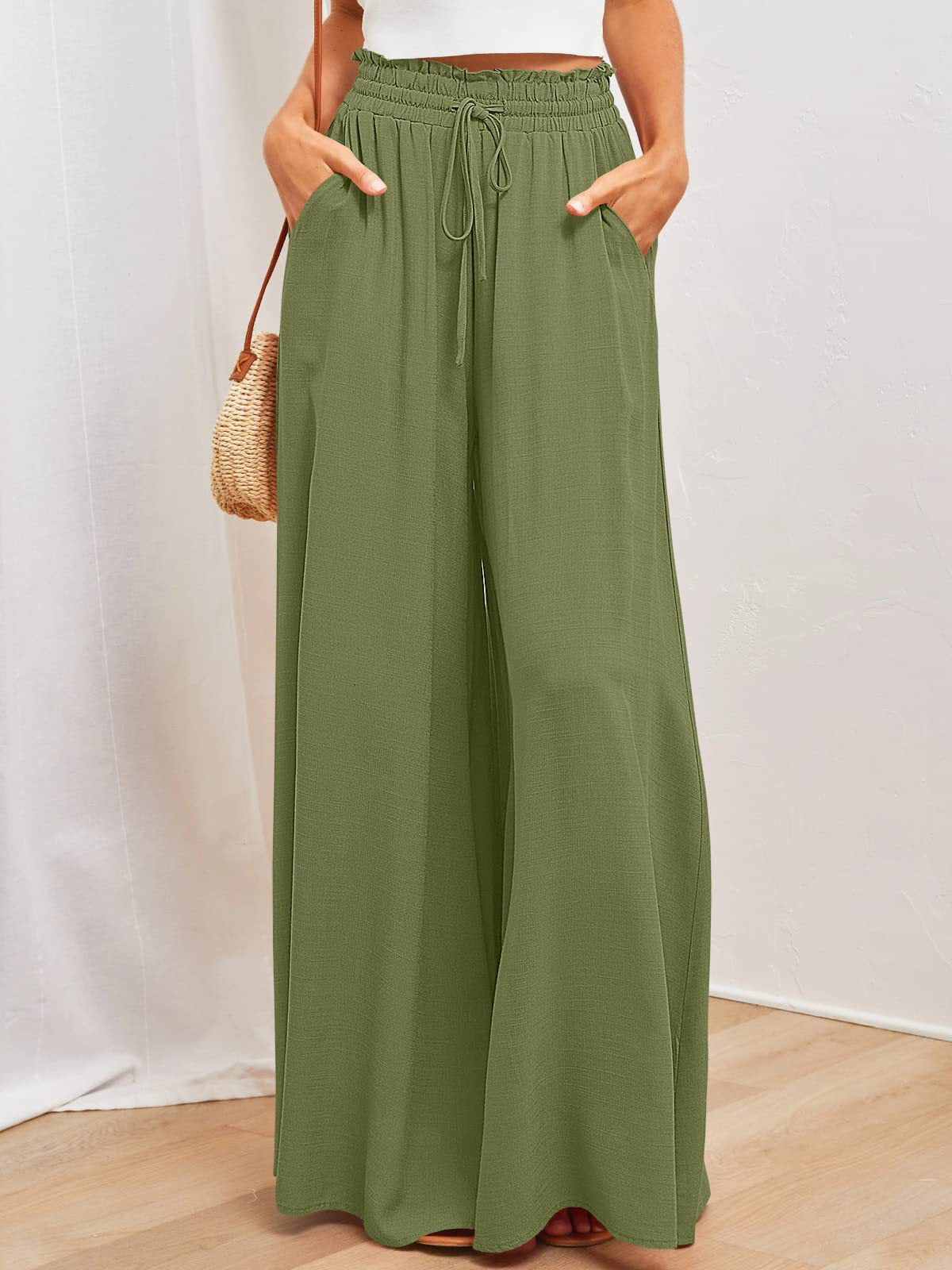 🌞Pantalones de pierna ancha y cintura alta de color liso