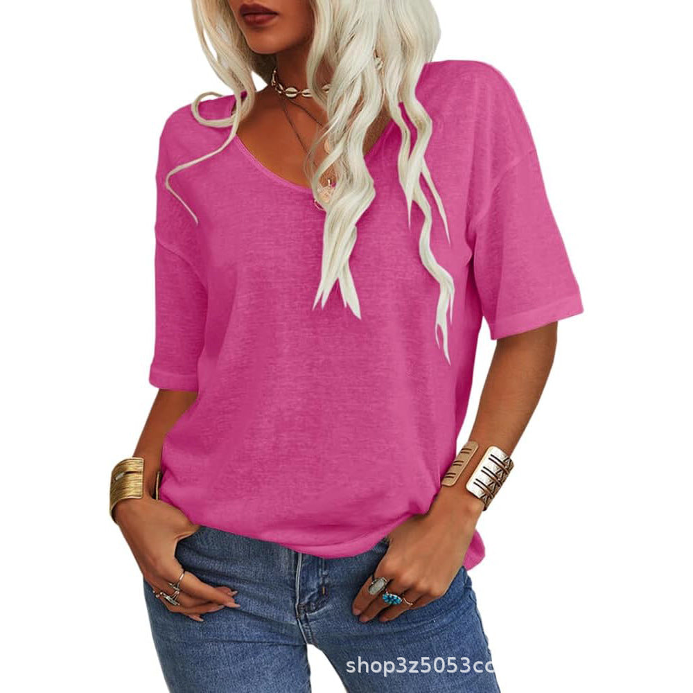💖2025 Venta Caliente de Verano💥Camiseta de Cuello en V de Color Liso para Mujer