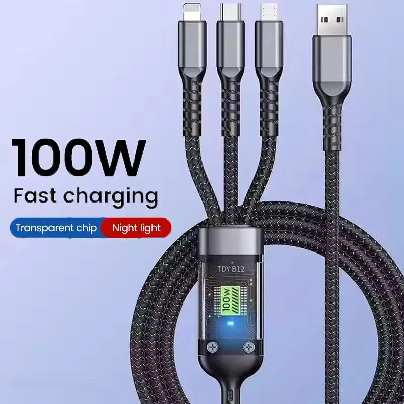 Cable de datos 3 en 1 de carga superrápida luminoso y transparente