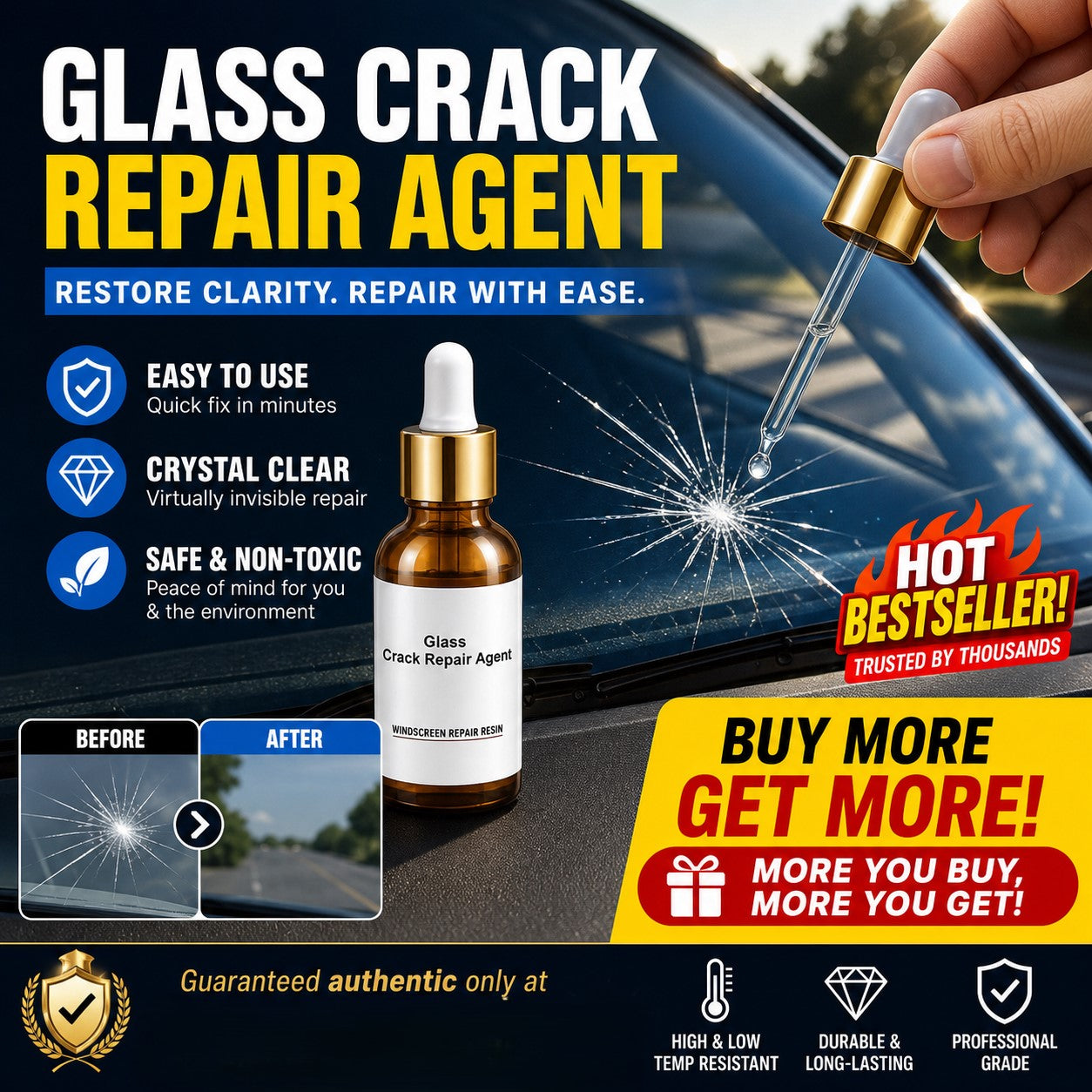 🏭 Directo de fábrica de vidrio, ¡Compra 3 y llévate 5 gratis! 💦 ¡Una gota repara todas las grietas del vidrio! 🚗 Agente reparador de grietas en vidrio