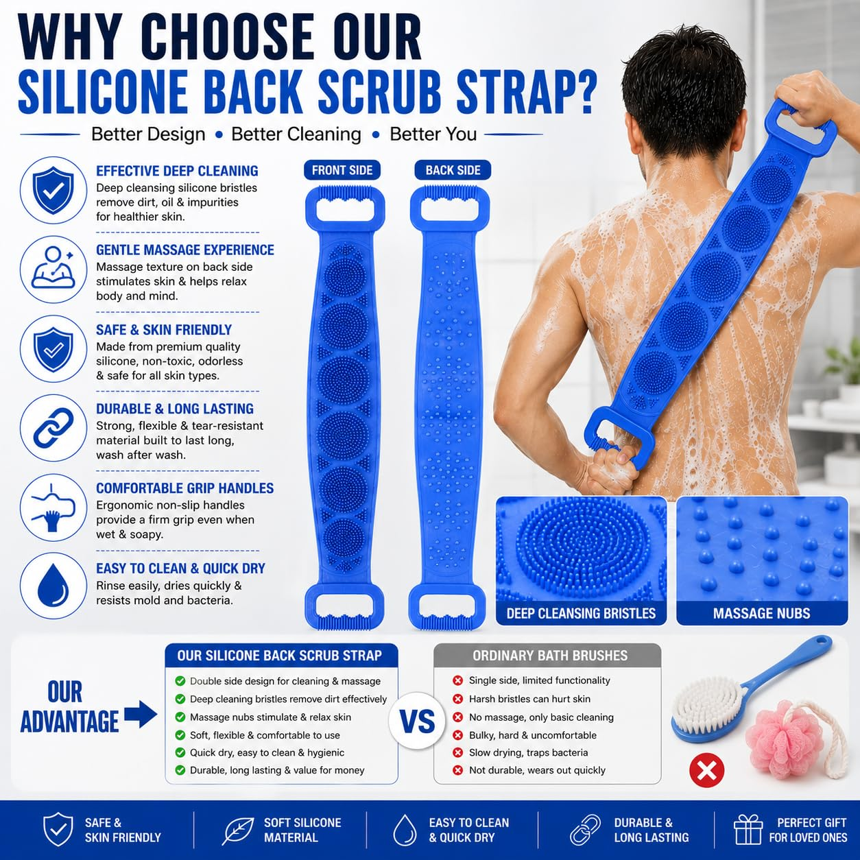 ⏳🔥¡50 % DE DESCUENTO POR TIEMPO LIMITADO! ⏰ 🧴 Cepillo de Silicona para Espalda de Doble Cara – Exfoliante Corporal para Baño con Cerdas Suaves de Silicona
