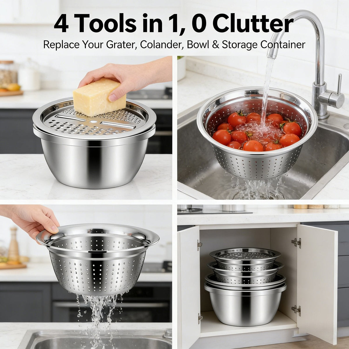 🎉 Oferta 2026 · Conjunto de cocina 3 en 1 de acero inoxidable · Rallador · Escurridor y bol
