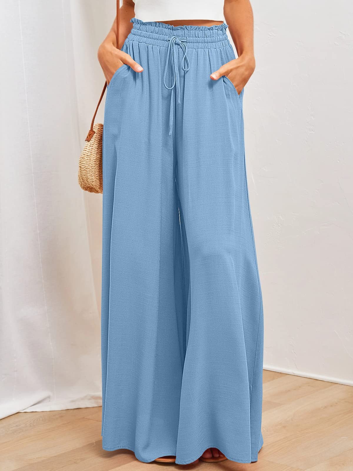 🌞Pantalones de pierna ancha y cintura alta de color liso