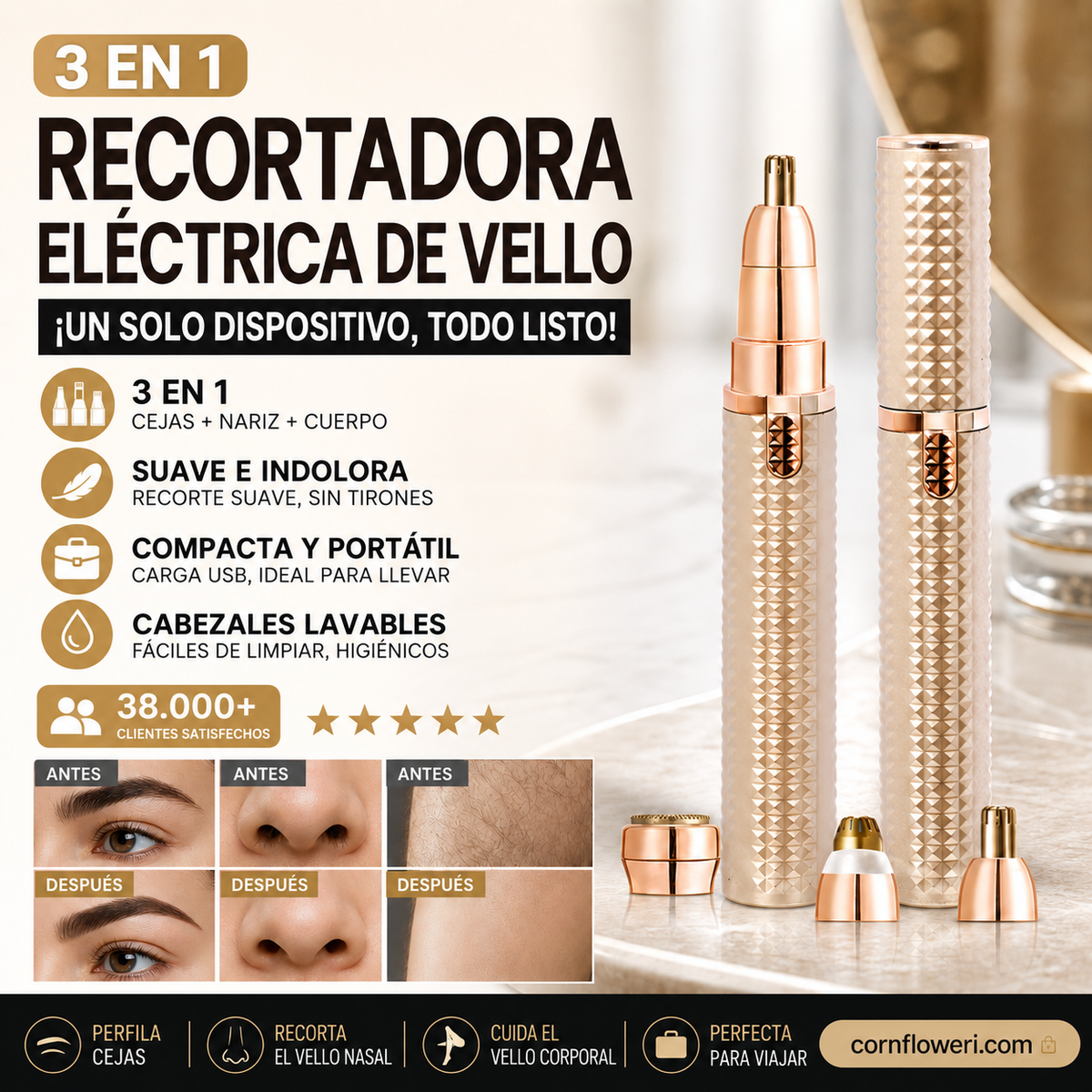 💁‍♀️ Cejas Perfectas, Sin Dolor – Depiladora Eléctrica Portátil para Cejas, Cabezales Intercambiables para Cara y Bikini. 50% Descuento.