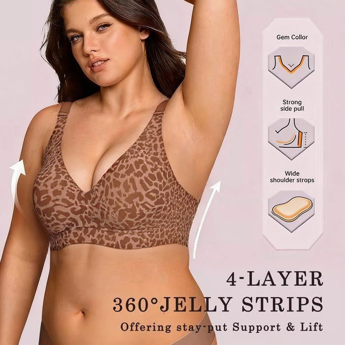 🔥 50% DESCUENTO – ÚLTIMO DÍA 🔥 Sujetador de gelatina súper reafirmante, estampado de leopardo, sin aros. ¡Adiós a los senos caídos! 👍