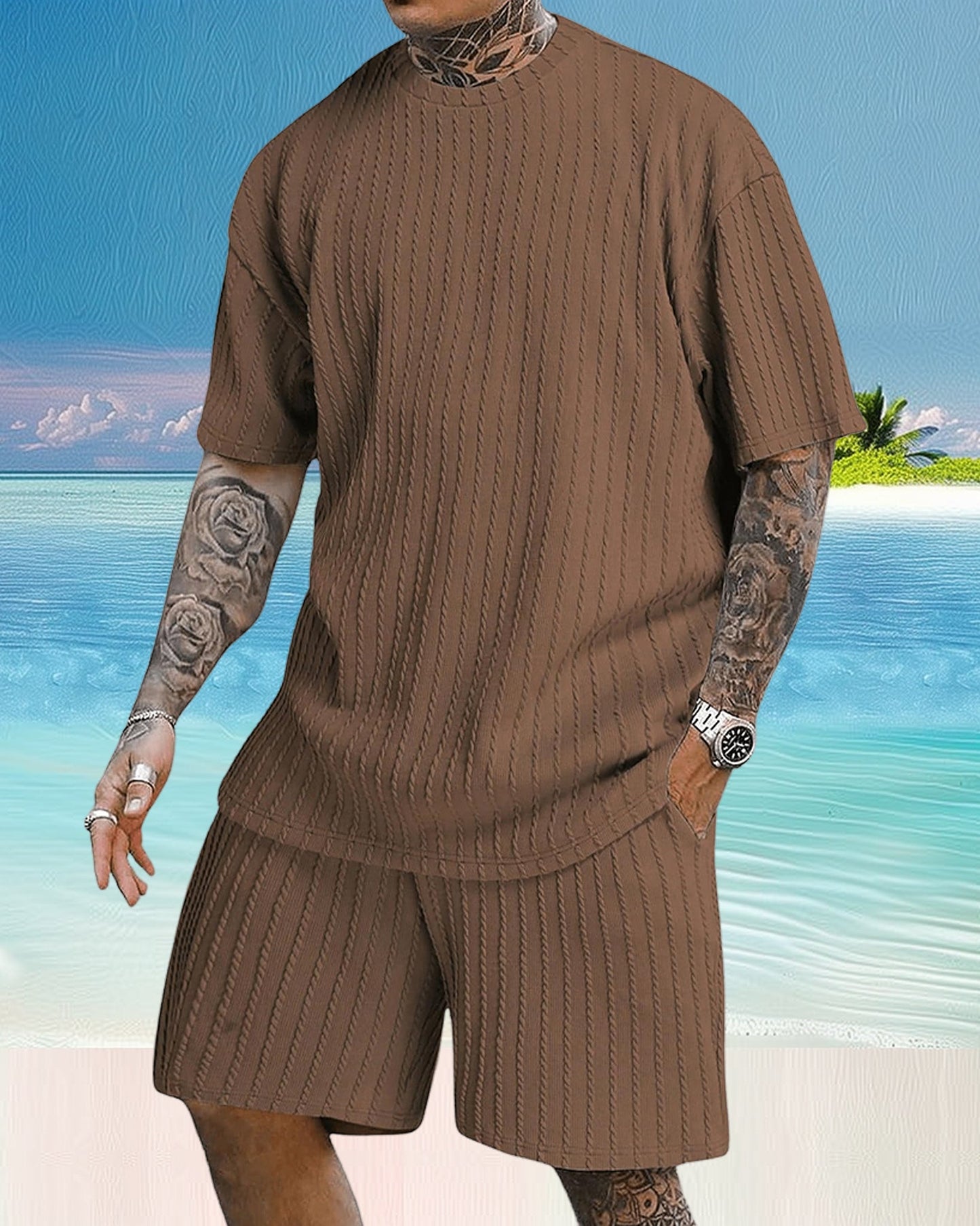 Conjunto de verano para hombre: camiseta de hombros caídos y pantalones cortos con cordón
