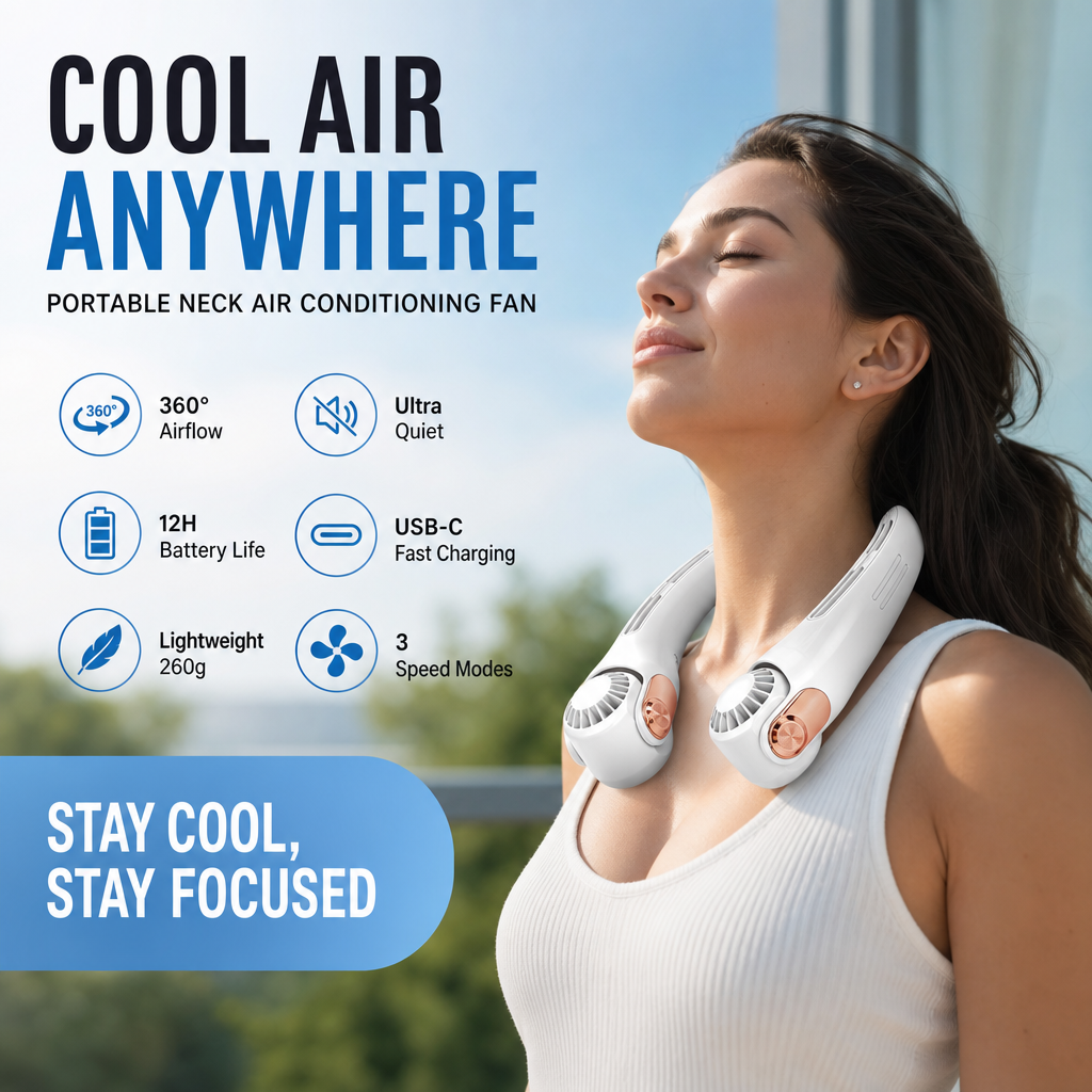 ⏳🔥¡50 % DE DESCUENTO POR TIEMPO LIMITADO! ⏰ Ventilador de Cuello con Aire Acondicionado – Ultrasilencioso, rotación 360°, 3 velocidades. Refrigeración manos libres, larga batería. ¡Esencial para el verano! 😎🌬️
