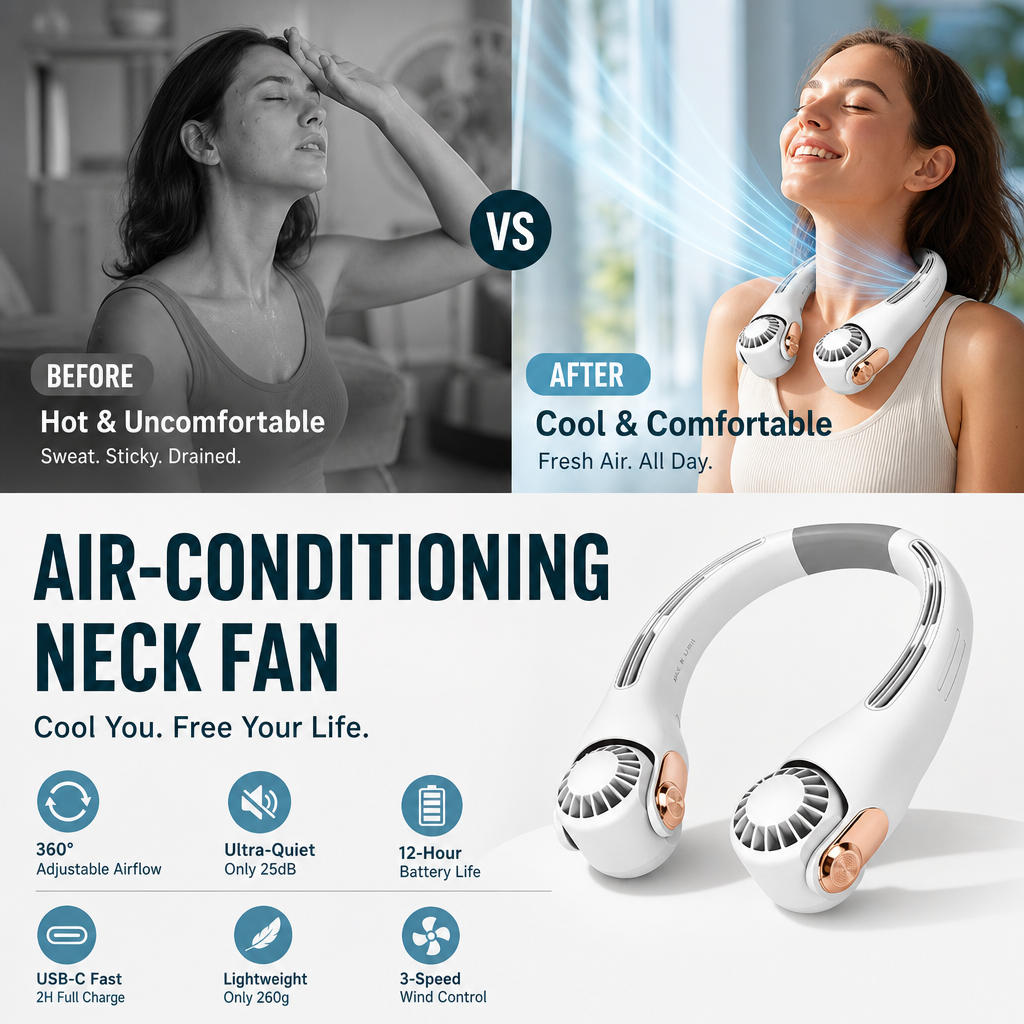 ⏳🔥¡50 % DE DESCUENTO POR TIEMPO LIMITADO! ⏰ Ventilador de Cuello con Aire Acondicionado – Ultrasilencioso, rotación 360°, 3 velocidades. Refrigeración manos libres, larga batería. ¡Esencial para el verano! 😎🌬️