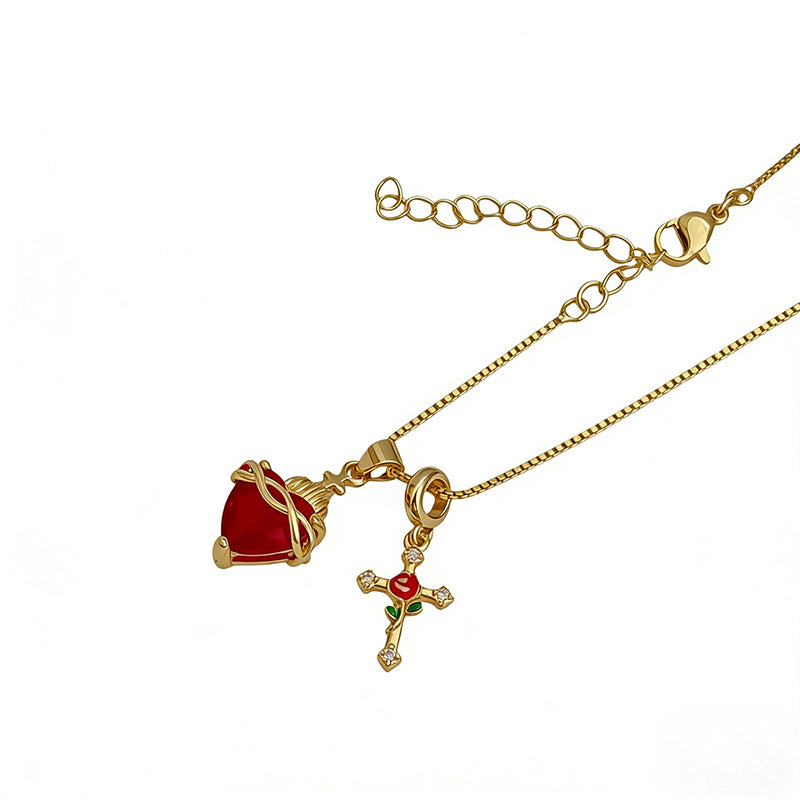 💟Collar colgante del Sagrado Corazón y la Cruz de la Rosa