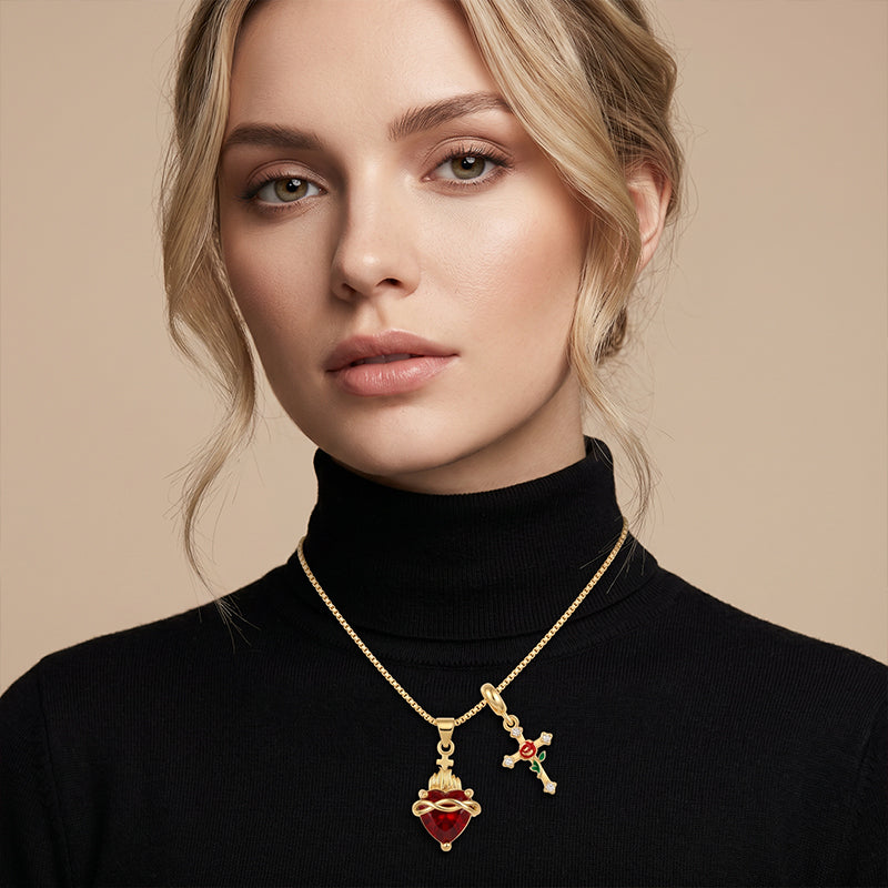 💟Collar colgante del Sagrado Corazón y la Cruz de la Rosa