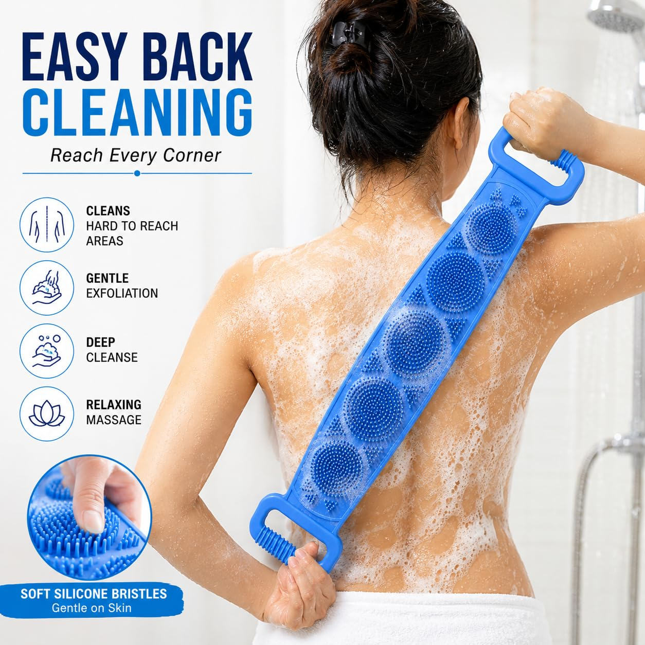 ⏳🔥¡50 % DE DESCUENTO POR TIEMPO LIMITADO! ⏰ 🧴 Cepillo de Silicona para Espalda de Doble Cara – Exfoliante Corporal para Baño con Cerdas Suaves de Silicona