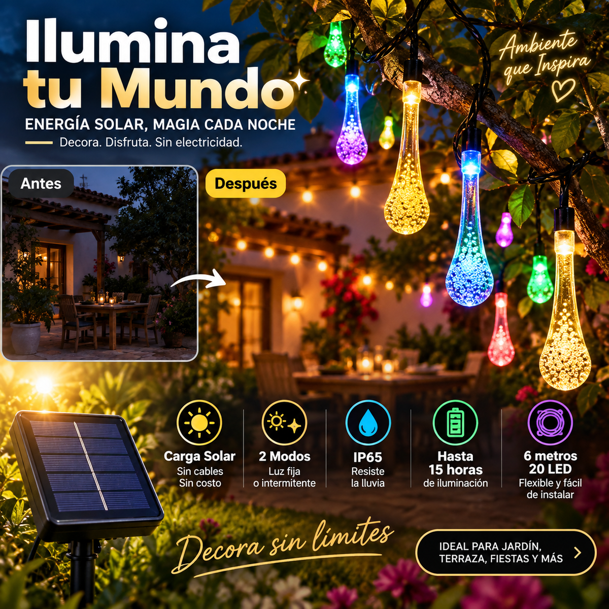 🔥 Promoción del último día 50% de descuento 🎉💧 Luces Solares de Gotas de Agua