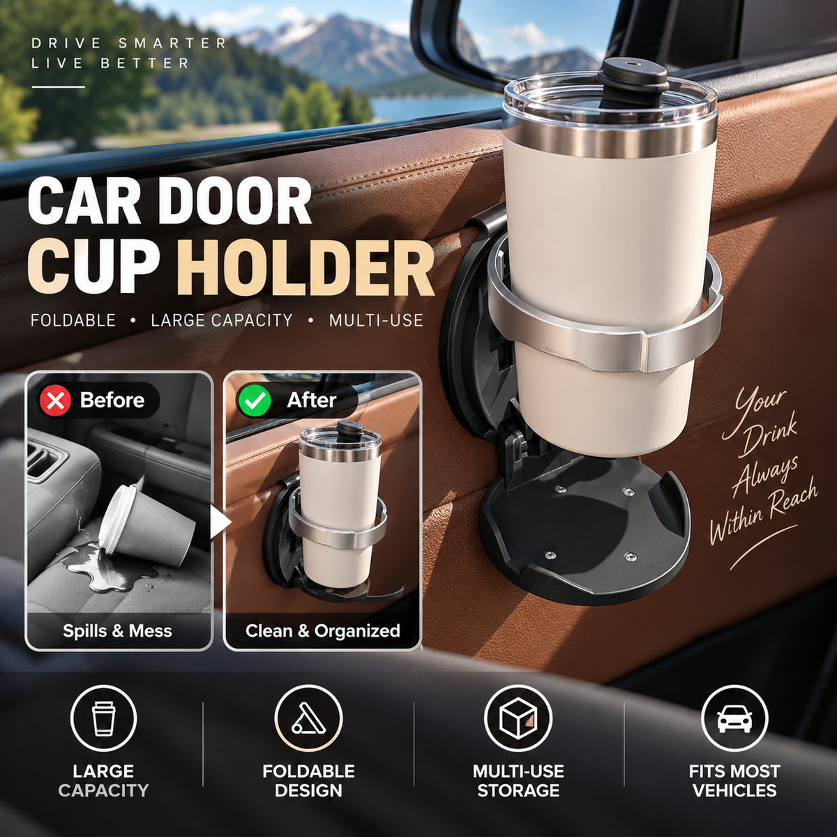 ⏳Envío gratis por ambos artículos✈️Portavasos Plegable para Puerta de Coche, Soporte Multifuncional de Gran Apertura para Botellas🚗🥤