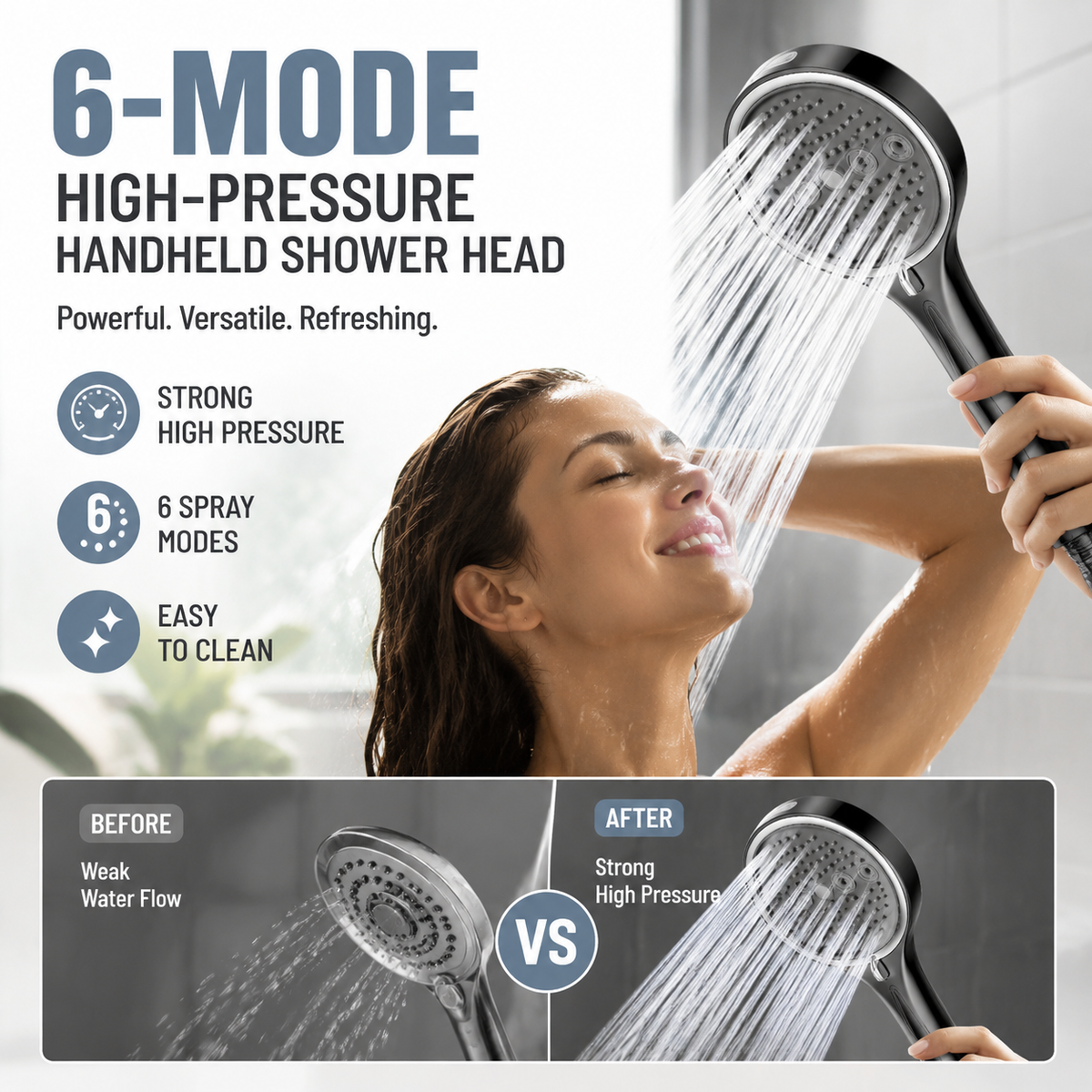 🔥¡50% DE DESCUENTO!🔥 Cabezal de Ducha de Mano de Alta Presión con 6 Modos 🚿✨ – Boquillas de Silicona Antisarro y Soporte Sin Perforación