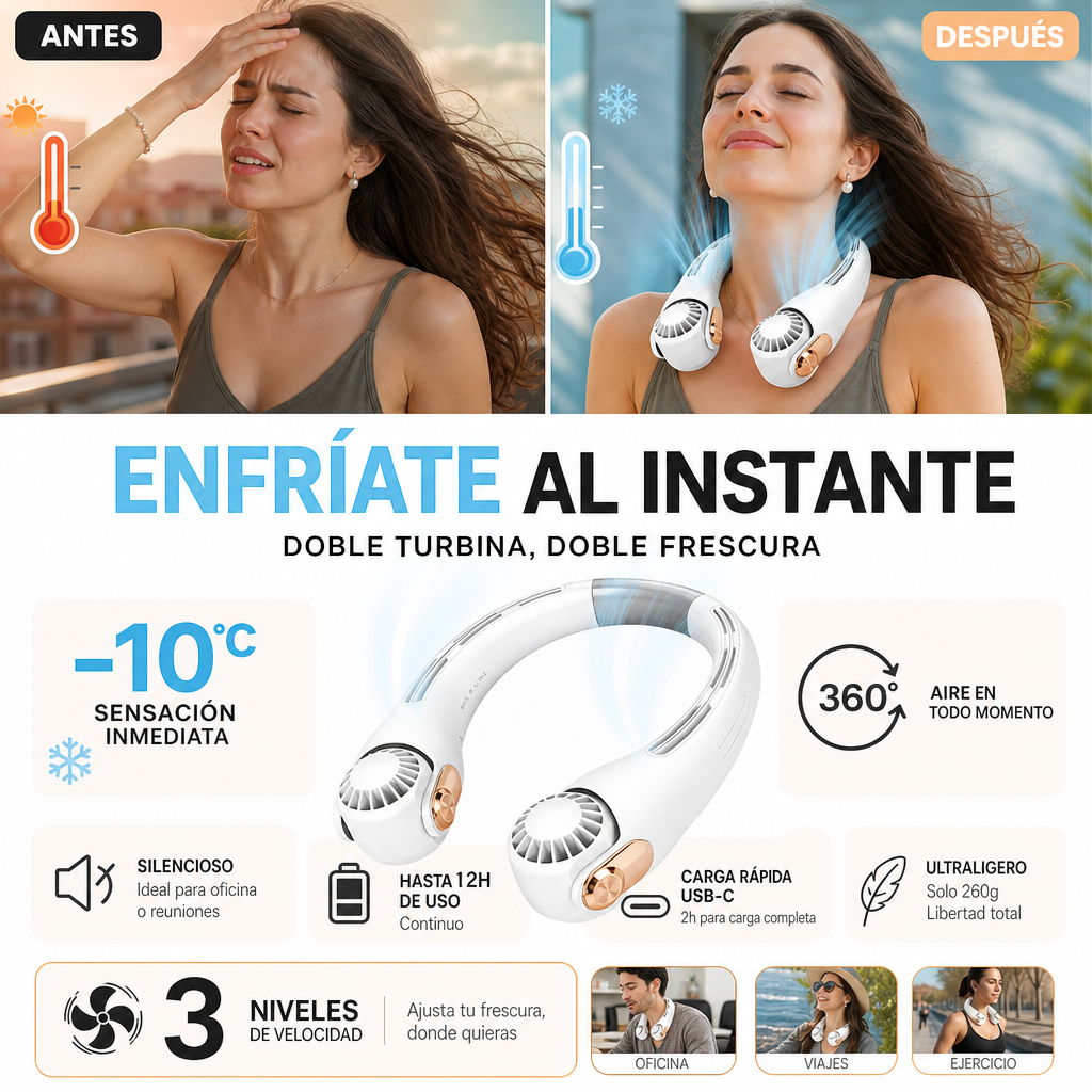 ❄️ Ventilador Aire Acondicionado para el Cuello – refrigeración personal ultrasilenciosa para el verano