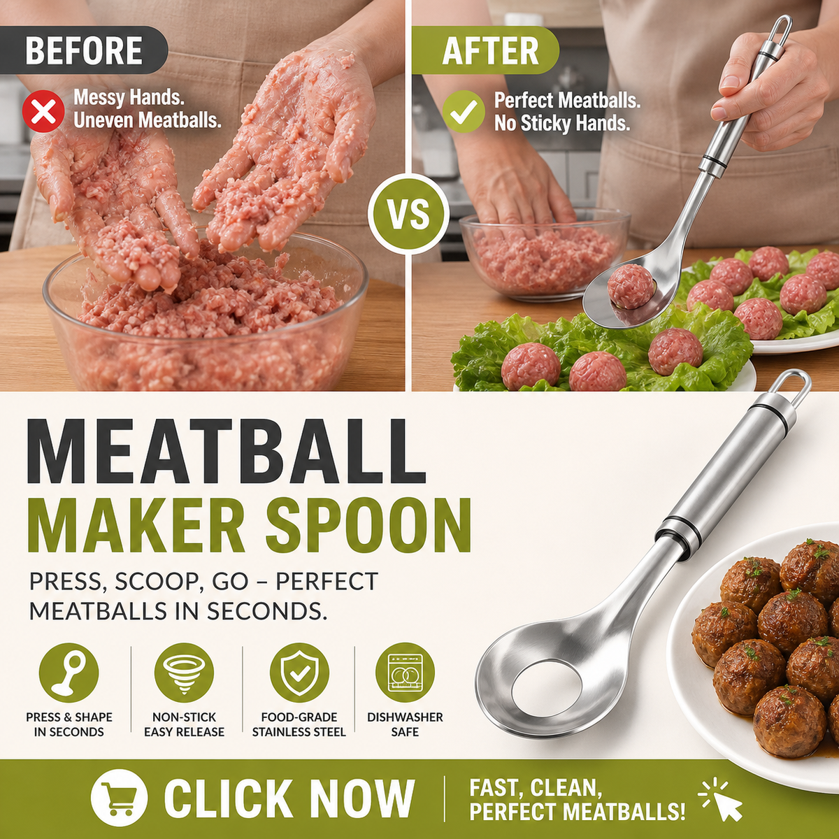 🥳 ¡Cuchara para albóndigas! Antiadherente, recoge y escurre: el regalo perfecto. Cocina sin ensuciar: ¡consigue la tuya! ✅