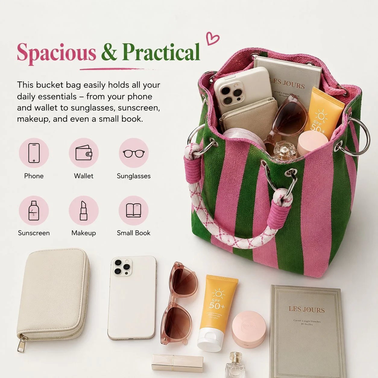 🏆👜 Oferta por Tiempo Limitado: 50% DESCUENTO 🌴 Bolso Cubo de Punto Boho a Rayas para Mujer – Bolso de Hombro Artesanal para Playa y Verano